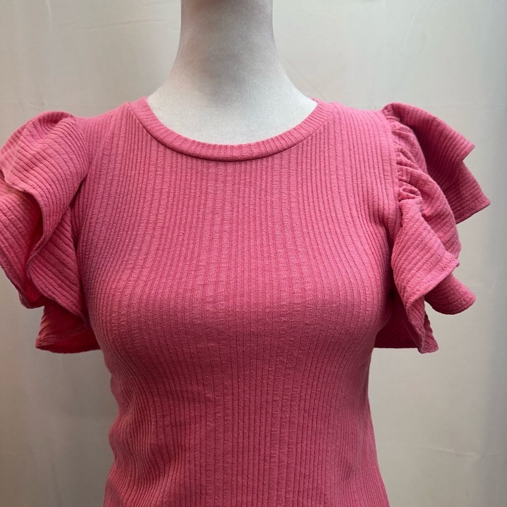 Zara Pink Ribbed Short Sleeve Ruffle Top - Picture 2 of 6